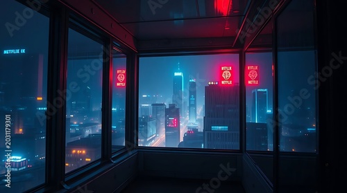 View of a modern city skyline at night through a dark window with neon lights and digital interface screens