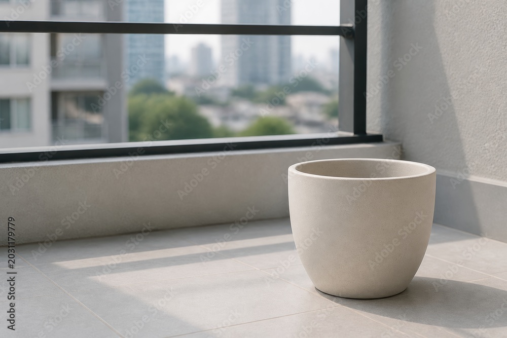 Fototapeta premium Modern pot sits on balcony with city view in background during daylight with sunlight casting a shadow