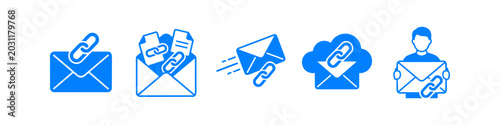 Quadro su tela Blue flat vector icons set of email envelopes with link symbols, representing cloud sharing, document transmission, and digital communication concepts