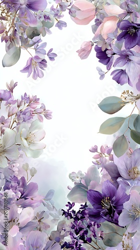 Elegant Purple Floral Watercolor Frame with Soft Botanical Background