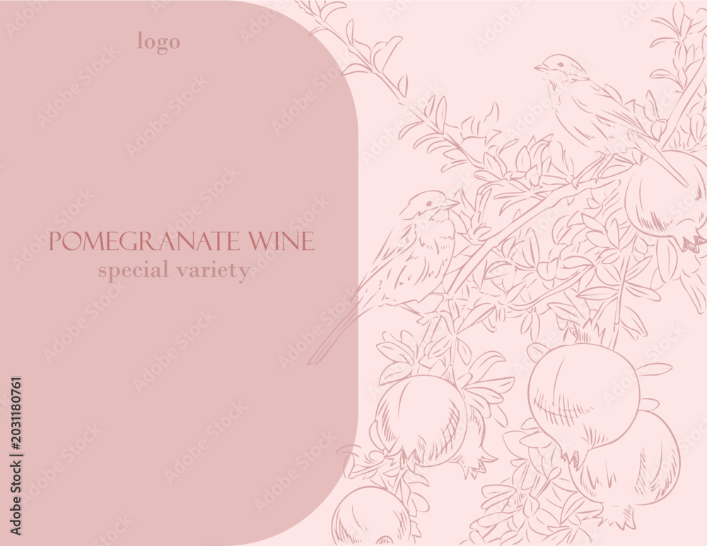 Obraz premium Pomegranate Branch with Bird Vintage Botanical Vector Label