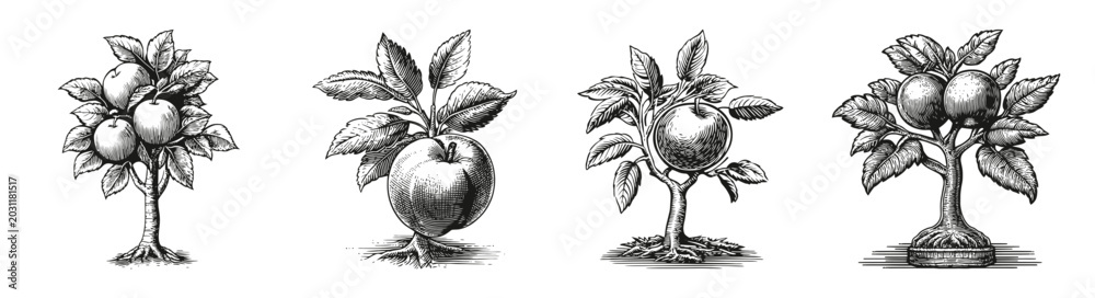 Fototapeta premium Vintage Woodcut Vector Illustrations of Fruit Trees and Oaktrees, vector illustration, engraving design, logo design set, black and white line, template design element