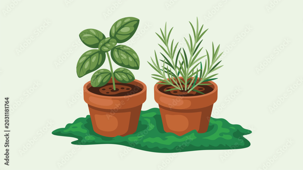 Fototapeta premium Two individual clay terracotta pots holding fragrant basil and rosemary plants placed together on a small patch of green grass against a soft neutral background.