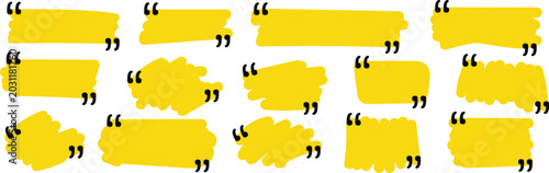 Set of yellow highlighter marker quote boxes with black quotation mark on white bubble