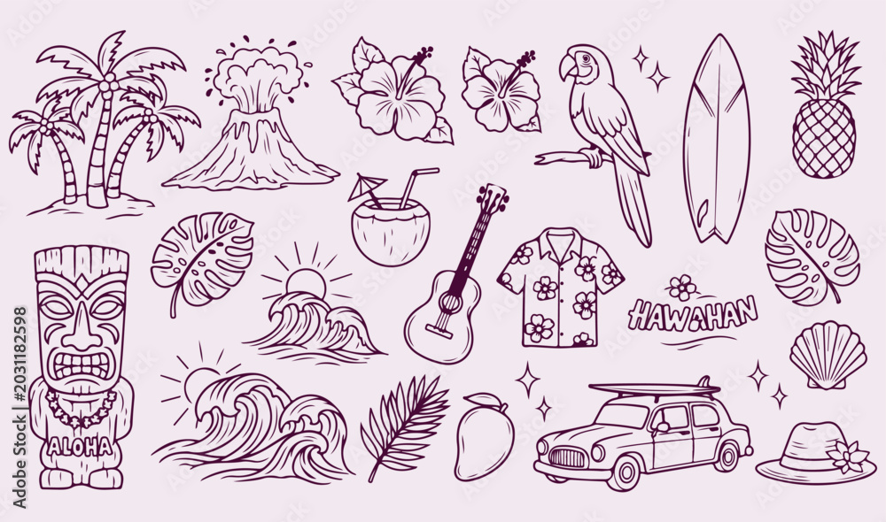 Fototapeta premium Tropical Beach Vacation Collection Palm Trees Surfboard Pineapple Summer Holiday Icons Hand Drawn Sketch Illustration Vector Set 