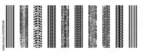 Car tire path marks vector grungy collection. Grunge tire track patterns set