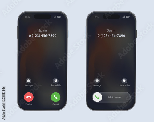 Obraz na płótnie Smartphone vector illustration of an incoming call from an unknown number, spam on a dark theme mobile phone screen