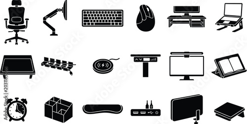 Professional black monochrome flat vector icon collection featuring ergonomic desk setup equipment for modern productivity workspaces