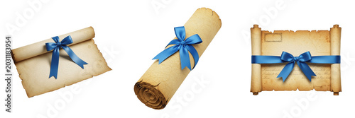 Foto Set of Vintage Paper Scrolls Rolled Manuscripts with Blue Ribbon PNG Collection