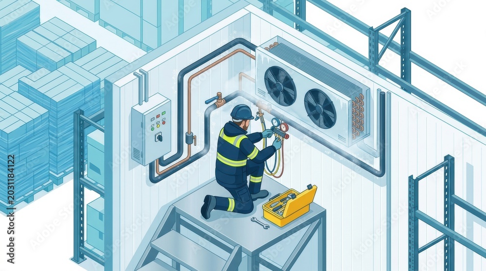 Fototapeta premium A technician works on a refrigeration unit in a cold storage warehouse, ensuring the system operates safely and efficiently.