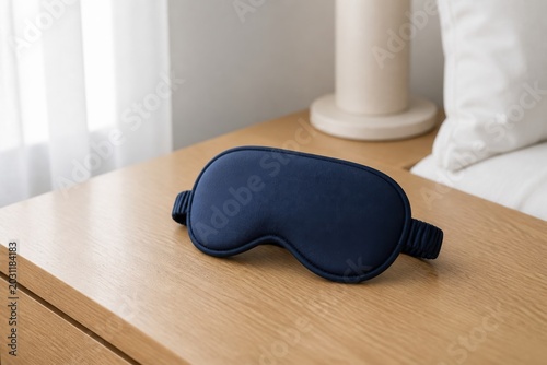 Sleep mask on a wooden bedside table in a cozy bedroom setting with soft lighting and a calm atmosphere