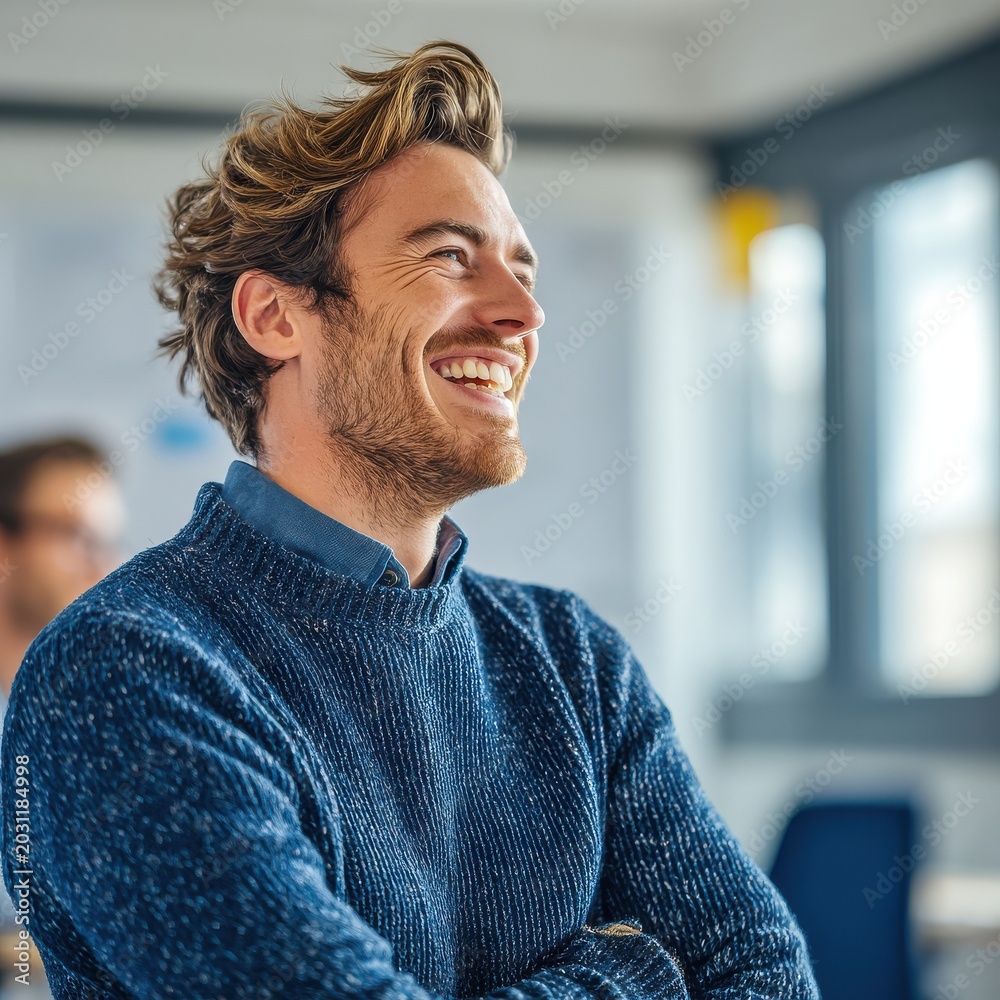 Naklejka premium Male office worker laughing candidly in open workspace with natural lighting