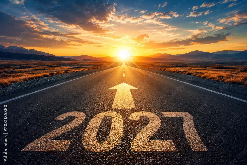 Fototapeta premium Open Road Toward Bright Sunset with 2027 Year Marking and Forward Arrow Concept