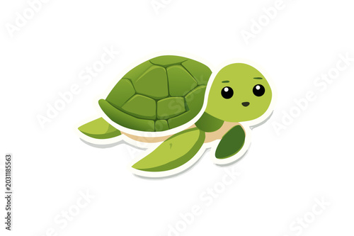 Cute sea turtle cartoon vector with green shell, smiling face and flippers, adorable marine animal sticker isolated on transparent background