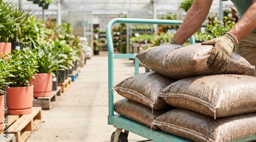 Gardener pushing cart loaded with bags of mulch in greenhouse  