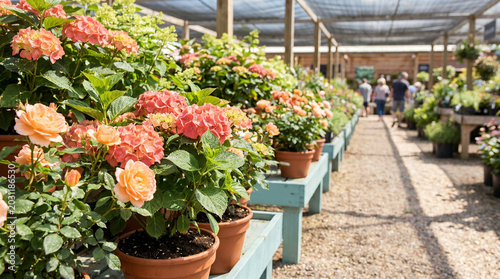 Flowering shrubs displayed in a garden center on a sunny day  