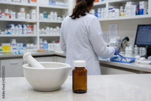 pharmacist in pharmacy. Ultra‑realistic pharmacy counter scene. A clean white mortar and pestle, and a small amber glass bottle with a white cap (no label) sit on a polished counter in the foreground.