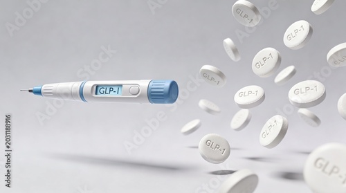 .GLP1 medication concept. A GLP-1injection pen and white flying tablets with GLP-1 text. Transition from injectable to oral treatment for weight loss and diabetes