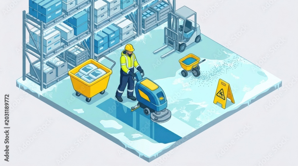 Fototapeta premium Worker uses a machine to apply de-icing solution on the floor of a cold storage warehouse to improve safety and prevent slips.
