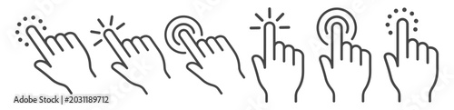 Foto Hand gesture icon set featuring tap, click, scroll, and swipe outlines on white background