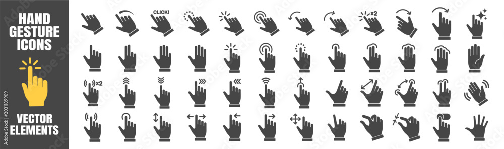 Fototapeta premium Hand gesture icon set with various tap, click, swipe, and pointer symbols. Silhouettes illustrate touchscreen interactions.