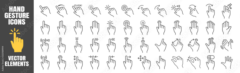 Fototapeta premium Hand gesture icons for touchscreen interface on transparent background