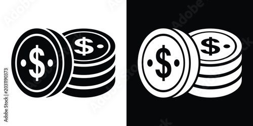 Foto A tilted dollar coin leaning against a neat stack of coins