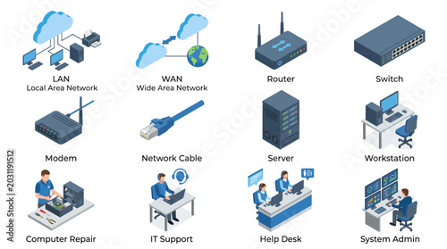 A modern office network infrastructure with various IT support and computer equipment devices.