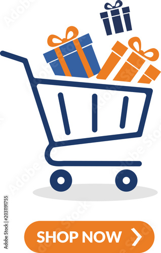 Blue shopping cart with orange and blue gift boxes