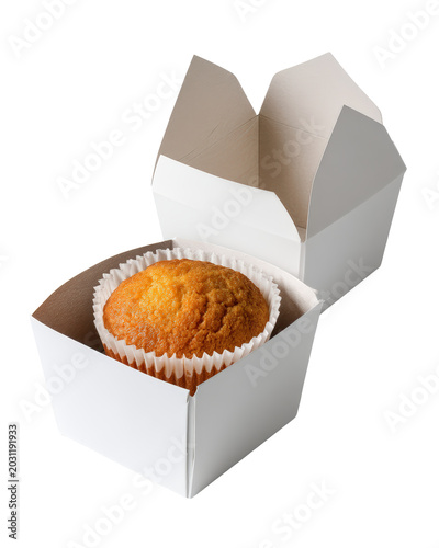 Single fresh muffin inside an open white cardboard pastry box isolated on a transparent background featuring a studio lighting setup for professional food and commercial product display