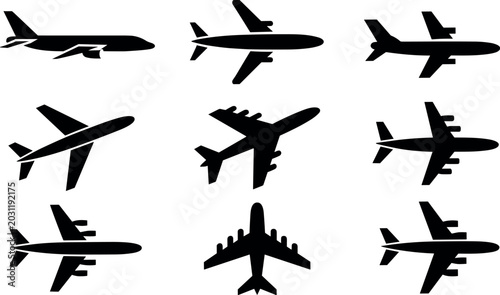 Bild auf Leinwand Set of nine black airplane silhouettes in various angles and flight positions