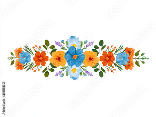 Watercolor floral border composition with blue and orange blossoms.
