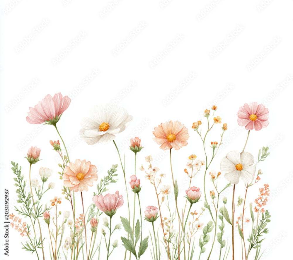 Fototapeta premium Watercolor illustration of delicate wild flowers in pastel colors.