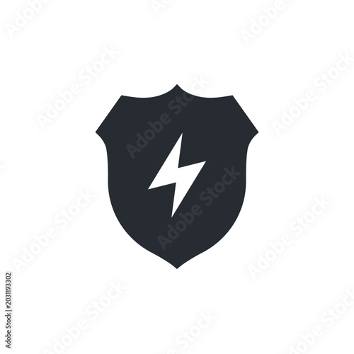 Black silhouette icon of a shield with a lightning bolt in the center. Ideal for graphics related to electrical safety, surge protection, cybersecurity, and energy systems.