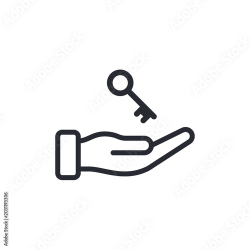 Black vector icon of an open hand holding a key above the palm. Suitable for access concepts, security themes, permissions, real estate, ownership, trust, and minimal interface design.