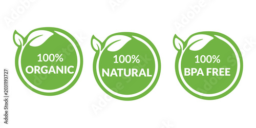 Foto Green Badges for 100 Organic, Natural, BPA Free Products, Eco-Friendly Certifica