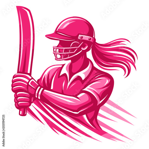 Pink Cricket Batsman, Female cricketer, Dynamic Female Player Sports icon logo flat vector design