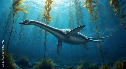 Fototapeta Plesiosaur swimming among tall kelp forest in deep blue ocean. Prehistoric marine reptile of the Jurassic period. Ancient life concept.
