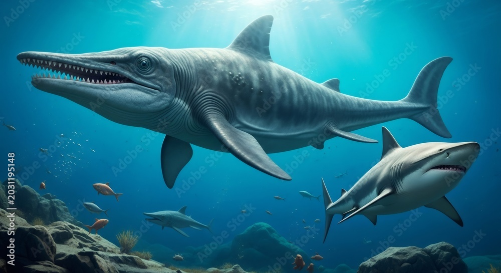 Fototapeta premium Large ancient marine reptile swimming with sharks in blue deep ocean. Prehistoric underwater life. Extinct animal concept.