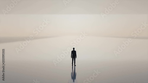 Silhouette of a man walking into an infinite horizon in minimalist landscape