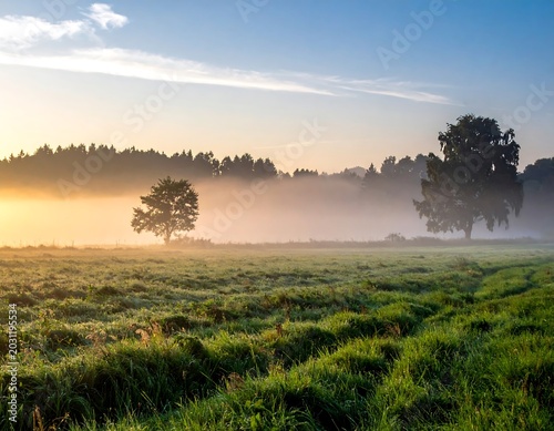 A serene morning scene. Lush green grass and trees bask in a soft, ethereal light from a sunrise shrouded by fog