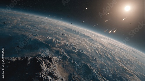 Asteroids and meteor shower approaching earths atmosphere in a menacing view from space. Sun shining brightly near meteors