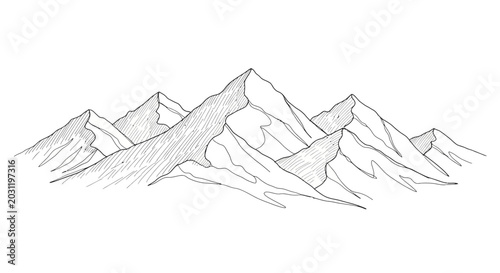 Photos Elegant hand-drawn line art illustration of a majestic mountain range with tower