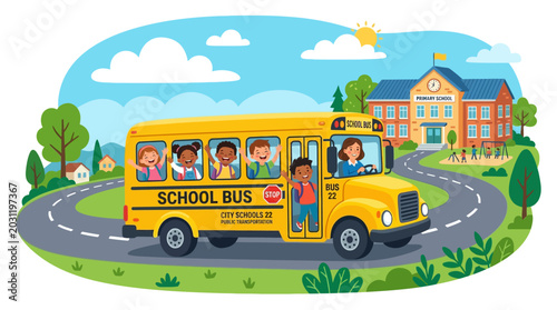 Photos Yellow School Bus Driving Down Road.