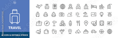 2. Travel & Tourism Outline Icon Collection – Flight, Hotel, Destination Set
