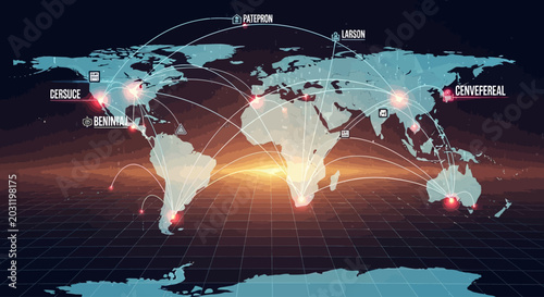 Abstract visualization of global data networks, highlighting worldwide information flow and business connections on a luminous technological world map