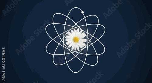 Bild auf Leinwand A vibrant daisy bloom at the center of an atomic structure, symbolizing the harm