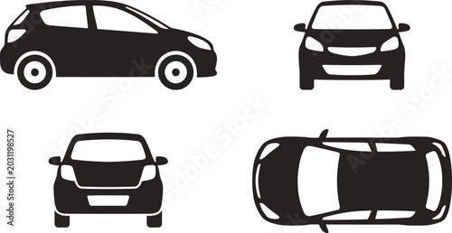 Foto Compact Hatchback Car Blueprint Vector Set, Minimalist Subcompact Automobile Sil