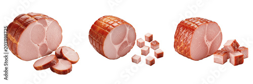 Foto Set and collection of fresh raw sliced ham meat block piece layout gourmet culin
