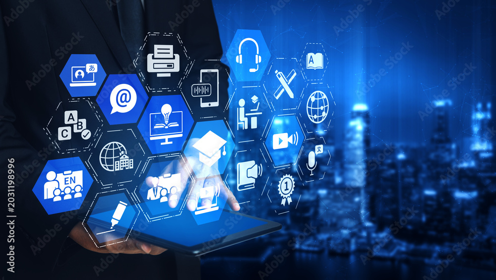 Fototapeta premium Online education icons show e-learning, online education classes, and digital study. Online education enables global online education access, flexible learning. Entice